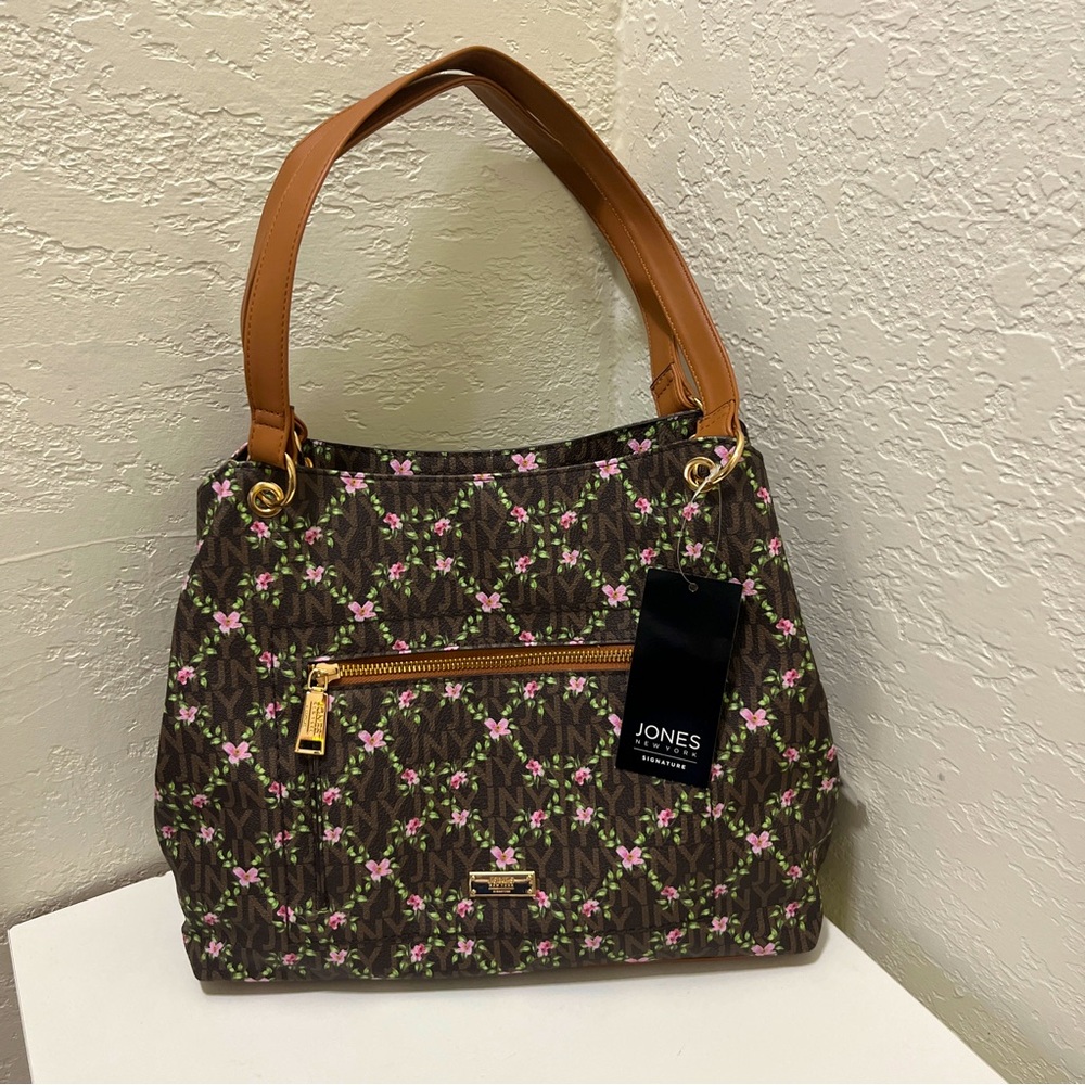NWT Jones New York Brown and Pink Floral Women's Handbag
